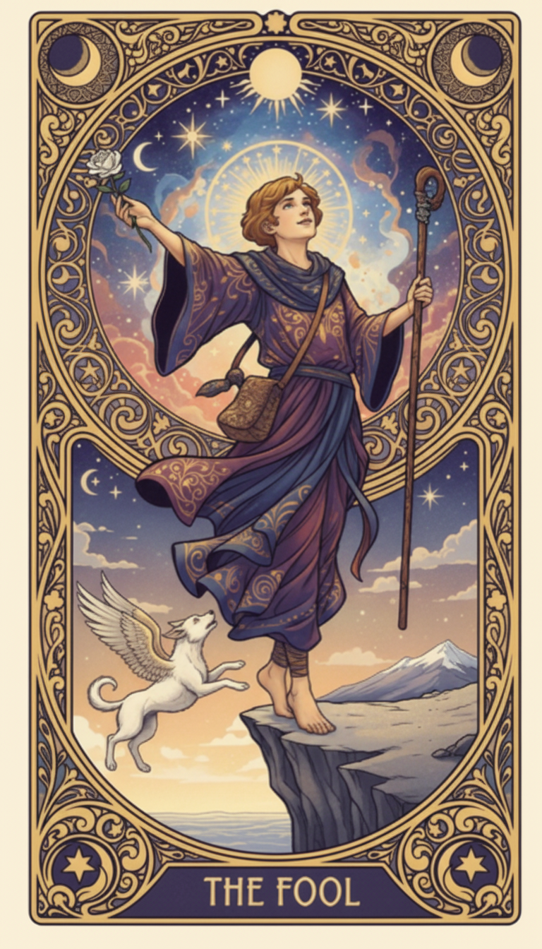 The Fool tarot card — a young traveler standing at the edge of a cliff with a white dog at their feet