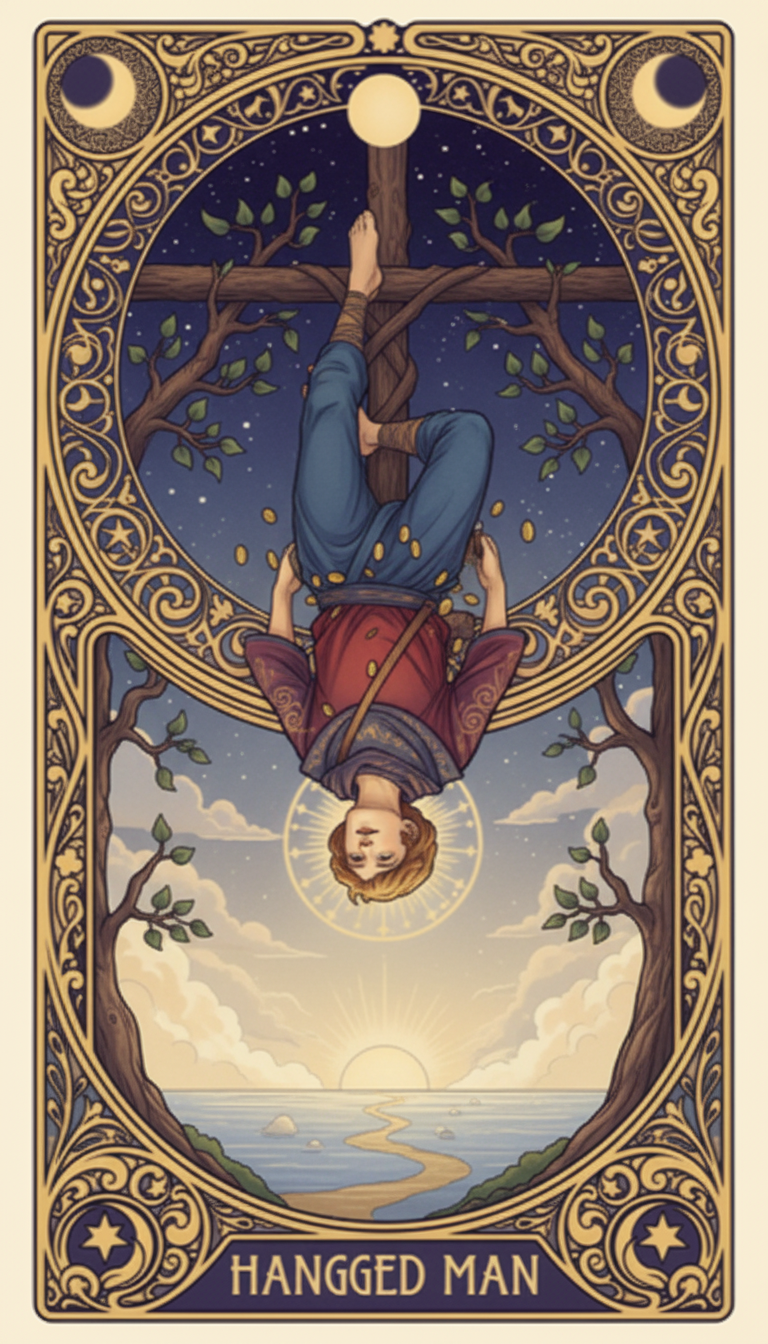 The Hanged Man — A serene figure suspended upside down from a T-shaped tree