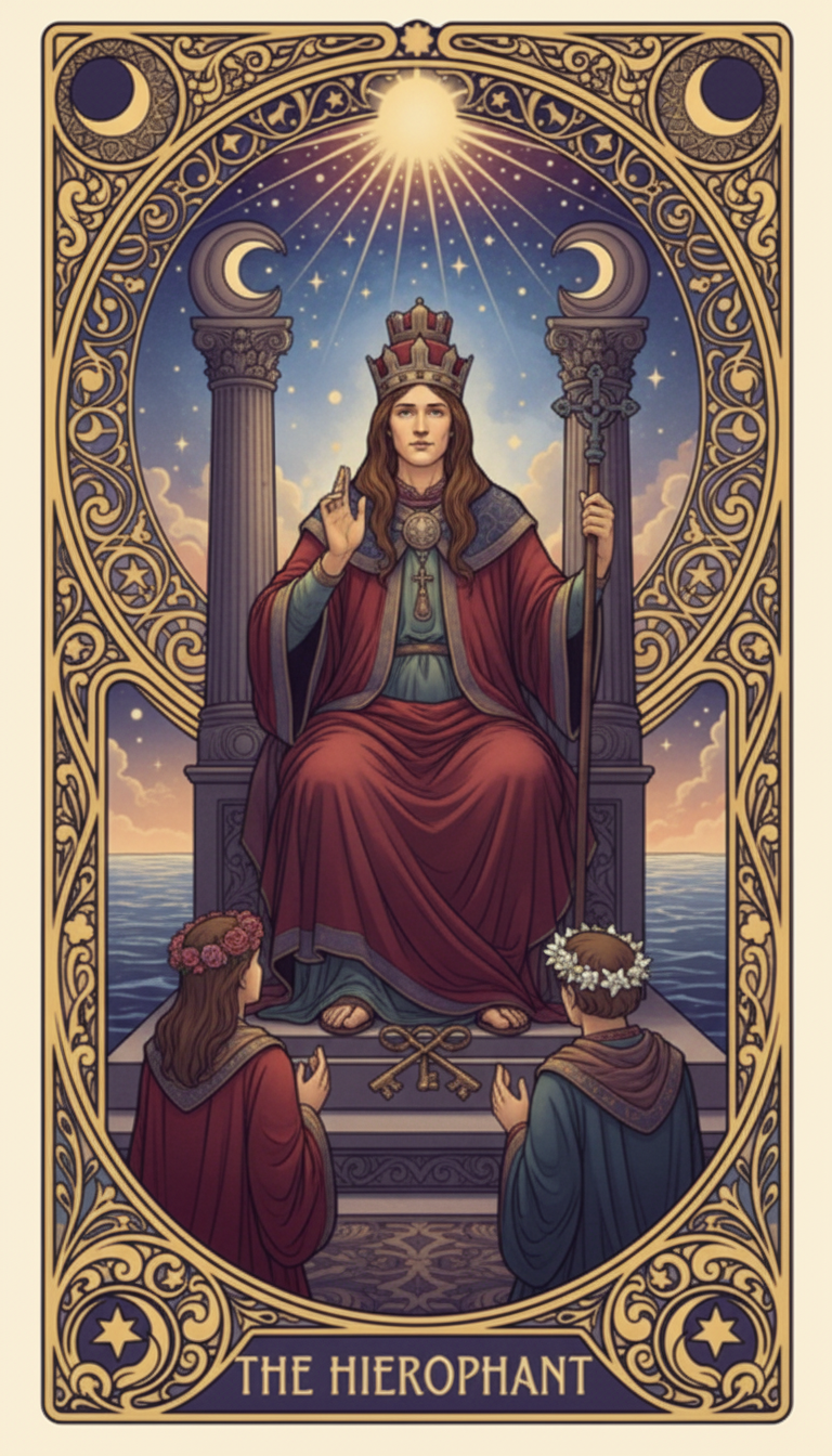 The Hierophant tarot card — a robed religious figure seated between two gray pillars, wearing a triple crown, with two kneeling followers at his feet