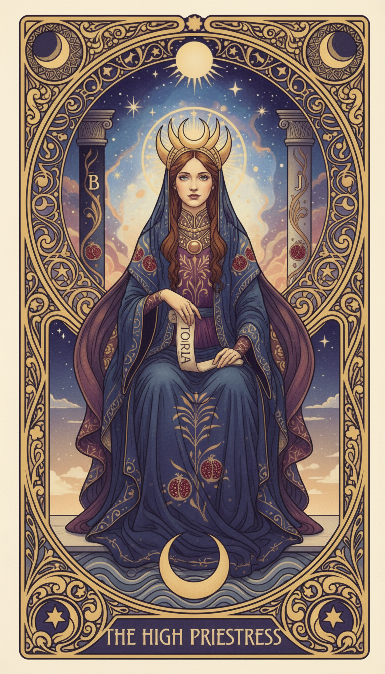 The High Priestess tarot card — a mysterious woman seated between two pillars, holding a scroll of sacred law, guarding the threshold between the conscious and subconscious