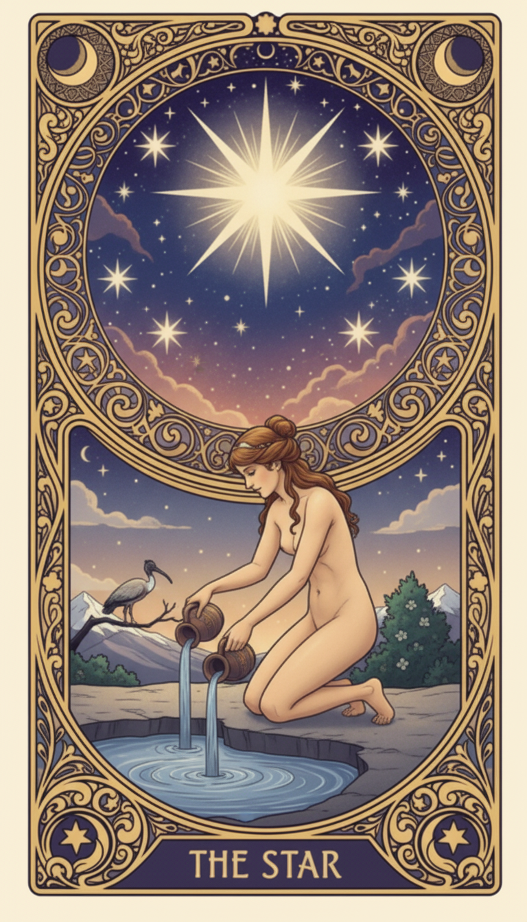The Star tarot card — a naked woman kneeling by the water, pouring from two pitchers beneath a radiant eight-pointed star