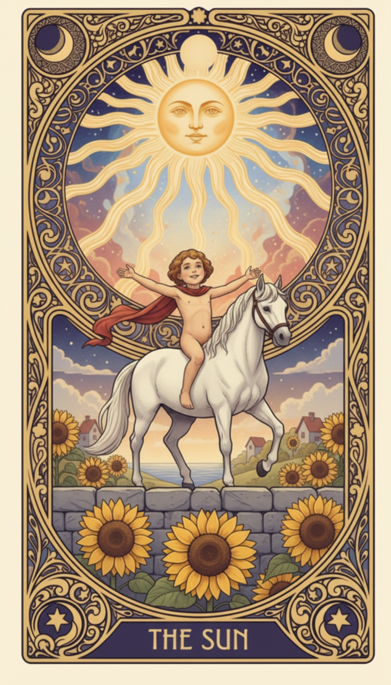 The Sun tarot card — a naked child riding a white horse beneath a radiant sun, with sunflowers blooming behind a stone wall