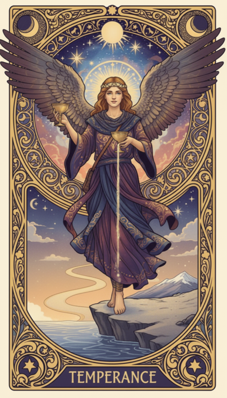 Temperance — An angel standing at the water's edge, pouring water between two cups