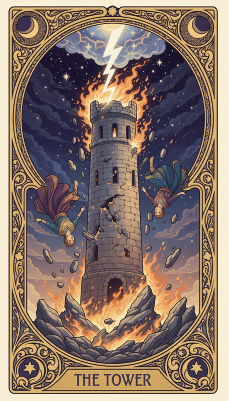 The Tower — A tall tower struck by lightning, with figures falling and flames erupting