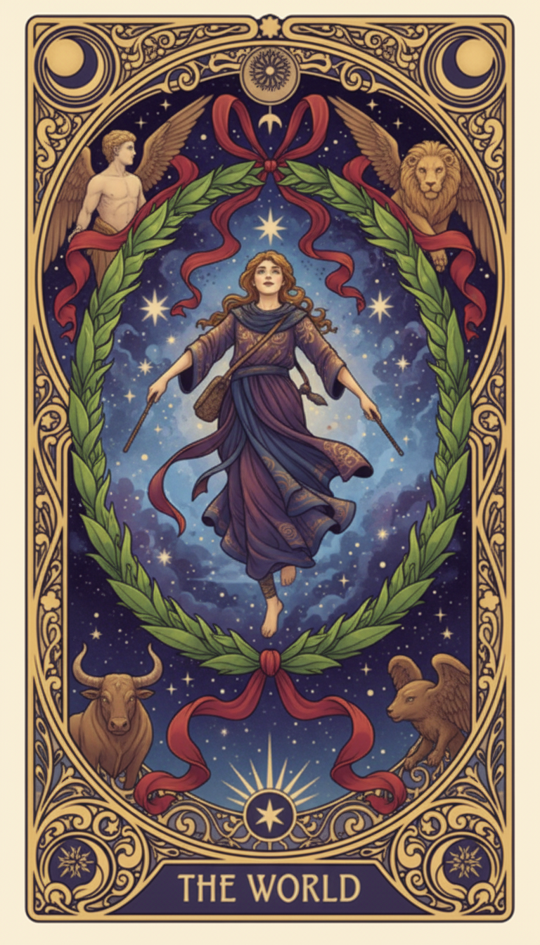 The World tarot card — a figure dances within a laurel wreath, with a lion, bull, eagle, and angel in the four corners